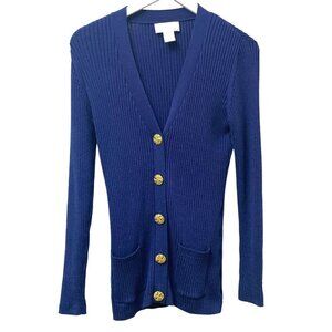 SOFT SURROUNDINGS Cardigan Sweater S/M Blue Ribbed Knit Cotton Blend